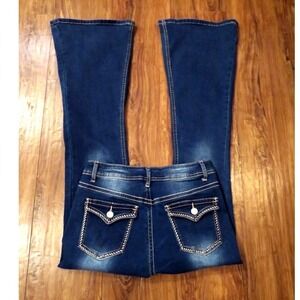Bamboo Juniors 11 Flared Dark Wash Jeans‎ Embellished Button Metallic Stitch